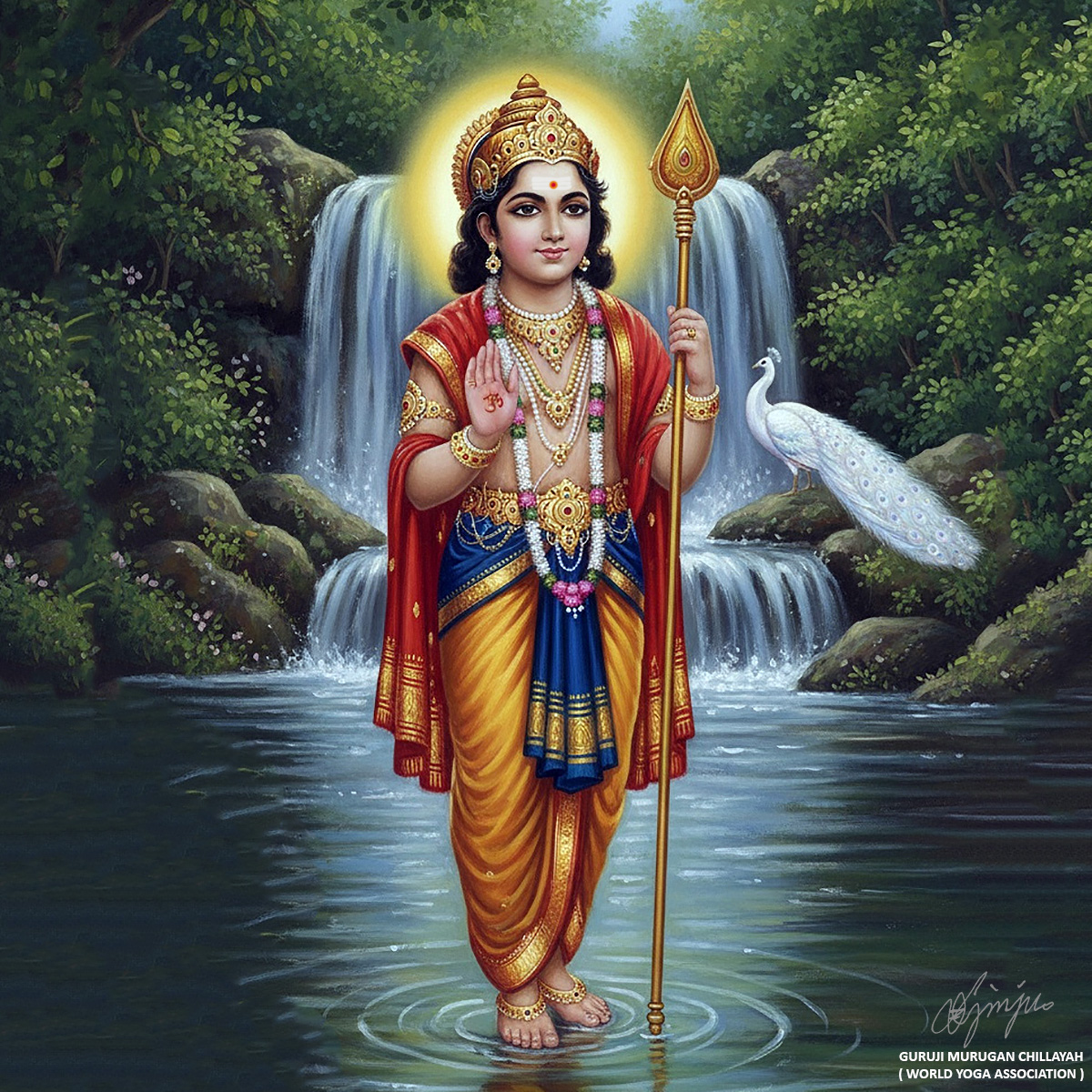 Murugan / Skanda / Kartikeya stand at sravana pond with peacock